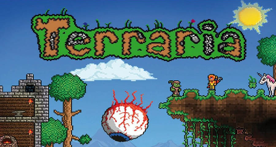 The Official Picture of Terraria with its characters, One of best open world games for android.