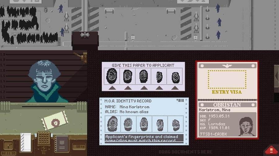 A wallpaper of Papers, Please, one of the best light games for pc.