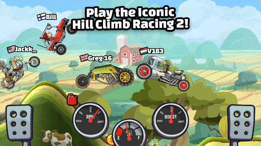 A wallpaper of Hill Climb Racing 2, one of the best motorcycle games for chrombook.