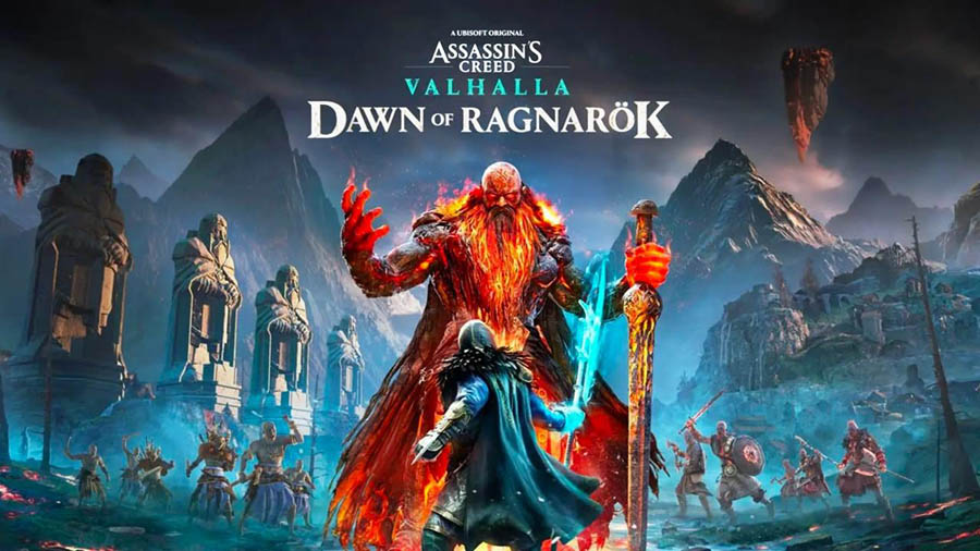 The Official Picture of Assassin's Creed Valhalla: Dawn of Ragnarok with its characters, One of the Best Naval Games for PS5.