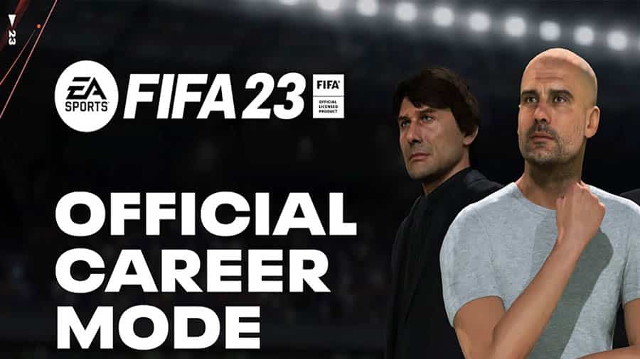 The Official Picture of FIFA 23 Career Mode with Conte and Guardiola on the Poster.