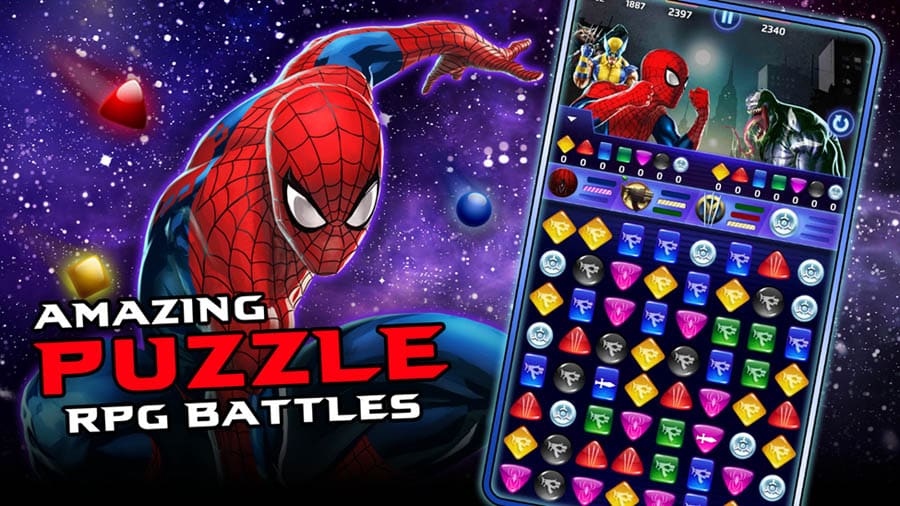 A wallpaper of Marvel Puzzle Quest, one of the best Marvel games for Chromebook.