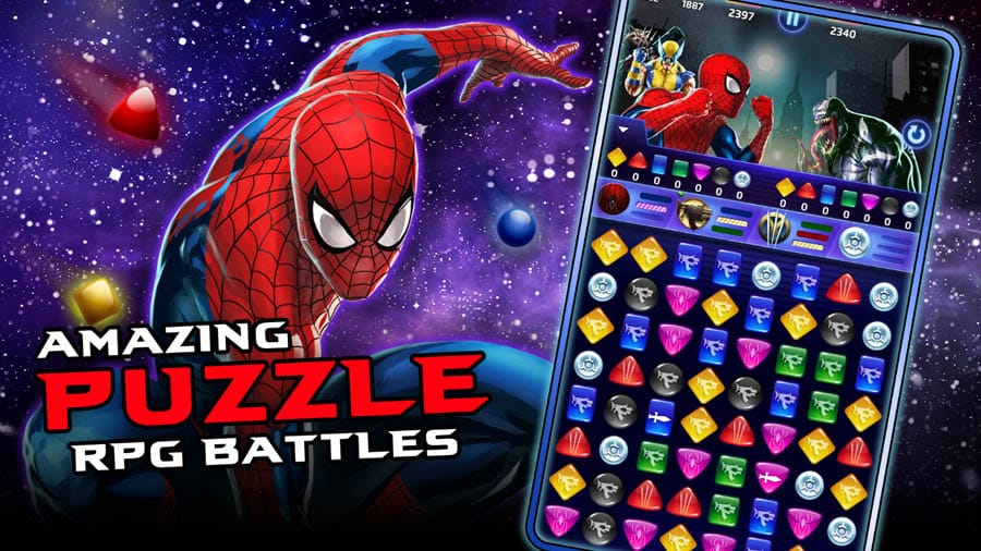 A wallpaper of Marvel Puzzle Quest, one of the best Marvel games for iOS.