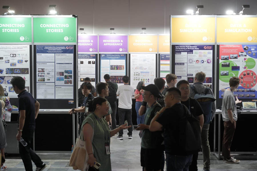 hall of SIGGRAPH Asia 2024 festival with some people and advertising boards.