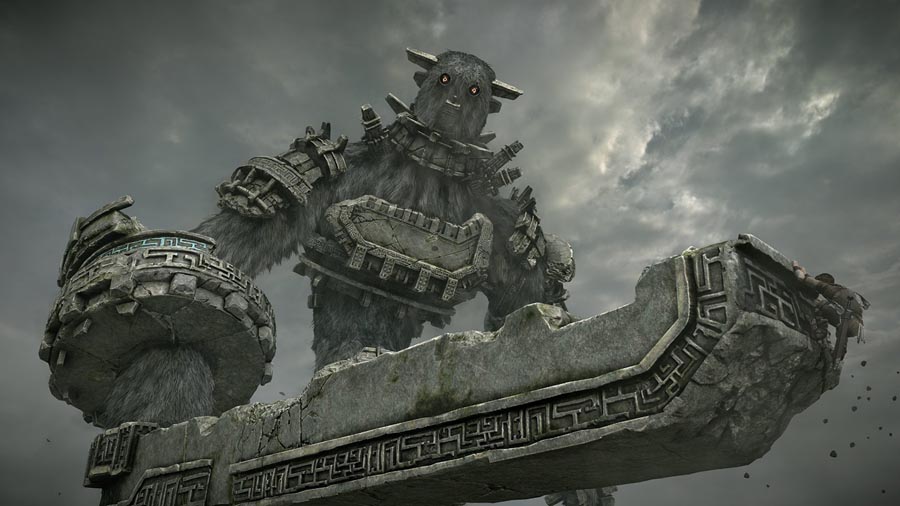 The Official Picture of Shadow of the Colossus, which shows Wander facing a huge colossus.