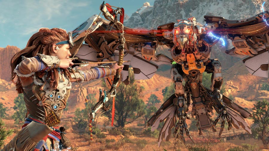 The Official Picture of Horizon Zero Dawn Showing Eloy Fighting a Big Flying Mechanical Beast.