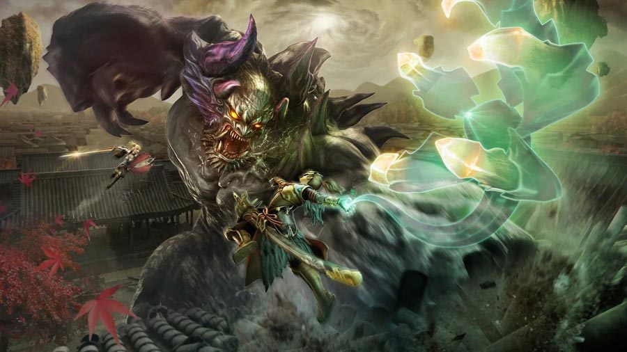 The Official Picture of Toukiden 2 depicting an epic battle with an Oni.