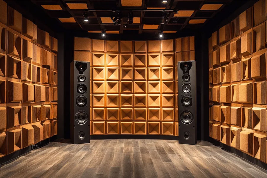 Image of a fully soundproofed room with two speakers.